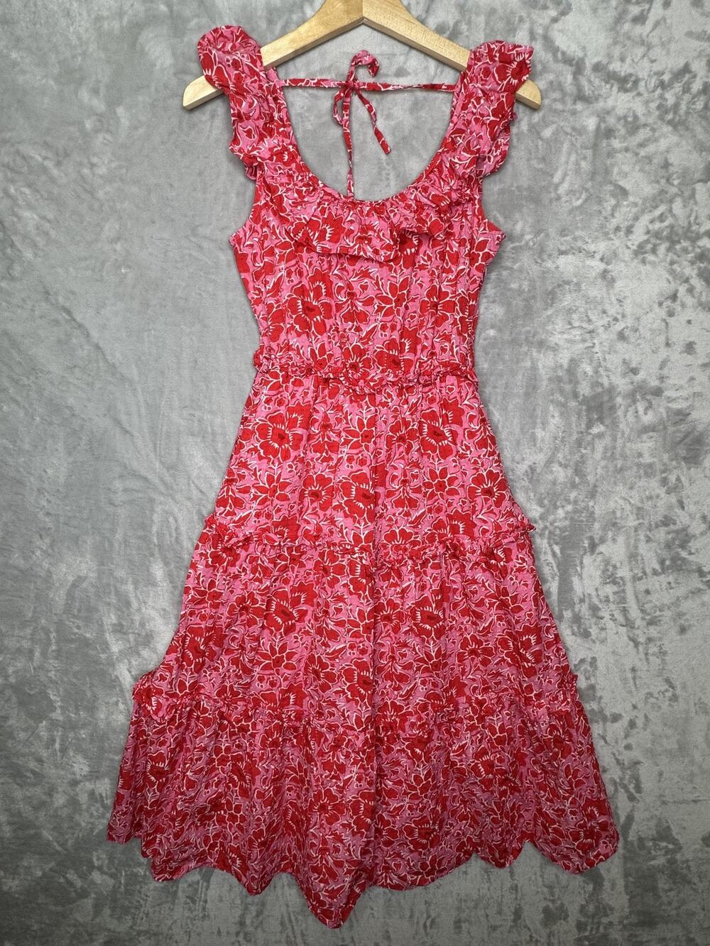 J.Crew Dress Womens 0 Pink Red Floral Fit & Flare Ruffle Strap Midi Sundress